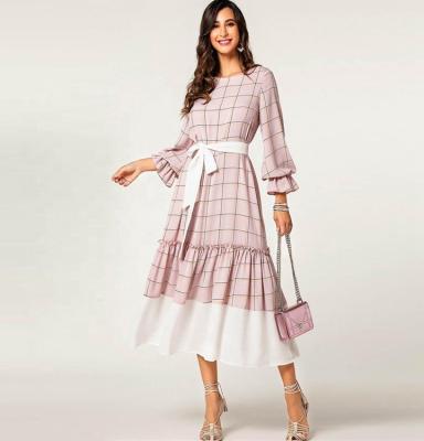 China Latest Design YHQZ29 Anti-Static And White Long Sleeve Bell Sleeve Patchwork Rose Dress Women's Elegant Patchwork Lady Dress for sale