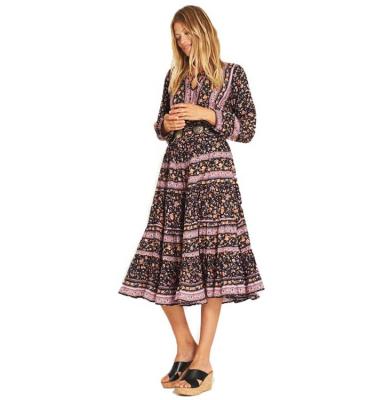 China YHQY090 style floral print long sleeve ankle length boho latern ethnic anti-static maxi dress women for sale