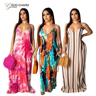 China 2019 Summer G-867S21 Anti-Static Wholesale Sexy Women Fashion Loose Strap Printed Maxi Dress for sale