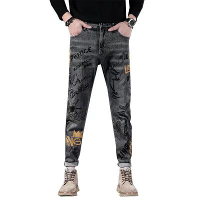 China 2022 High Street Mens Youth Breathable Jeans Custom Street Print Distress Casual Jeans for sale