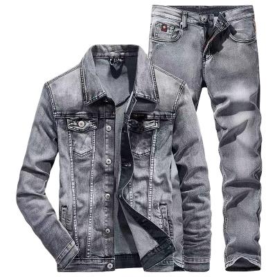 China HIGH STREET wholesale men's clothing denim set custom fitness men's biker denim two-piece set jacket and jeans for sale