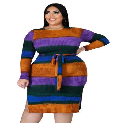 China Anti-static plus size women dresses women strip large size women long sleeve dress fat plus size dress for sale