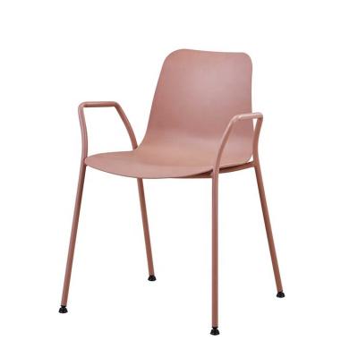 China 2022 Fashion Comfortable Cheap Pink Arm Plastic Dining Chair With Metal Leg for sale