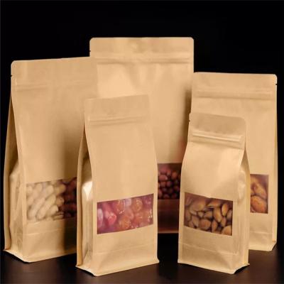 China Moisture-Proof Holder Eight Brown Edge-Sealing Bag Flat Bottom Kraft Paper Bags With Zipper For Coffee Beans for sale