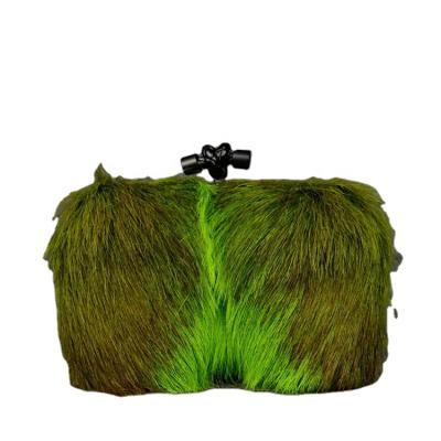 China 2021 luxury fashion green fur evening clutch bags real leather handbag popular green women clutch bags for sale for sale