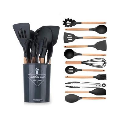 China Eco-Friendly 12pcs Silicone Free Non-Toxic Utensils BPA Wooden Handle Set Cookware Silicone Kitchen Utensils for sale