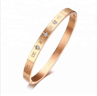 China Latest Nickel Diamond Inlay Stainless Steel Rose Gold Perimeter 17cm 20g Bracelet Free Women With Engraved Roman Number for sale