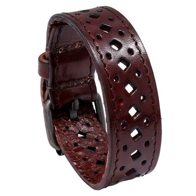 China Cowhide Punk Punk Bracelet With Hollow Retro Men's Wide Leather Cycling Bracelet for sale