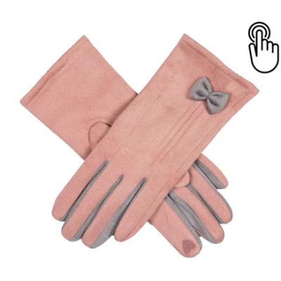 China Cheap Faux Suede Screen Warm Pink Winter Smart Gloves With Bow for sale