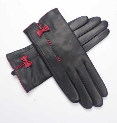 China Cheap Black Ladies Sheepskin Gloves With Red Bowknot for sale