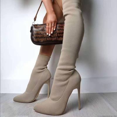 China Autumn of light 2022 most popular style beige white high stretch knit long sock thigh high heels boots for sale