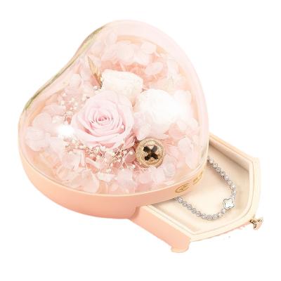 China Durable Eternal Rose Preserved Flower Gift Box Forever Enchanted Red Roses In Glass Dome With Jewelry Drawer for sale