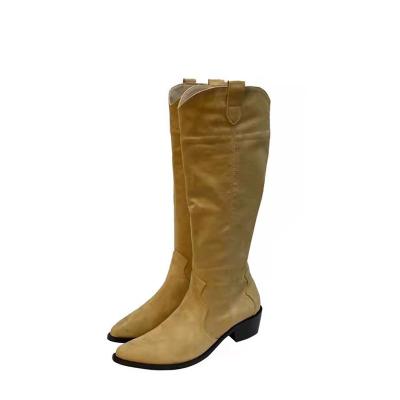 China Winter Fashion Thick Toe Tube Heel Tube Sleeve All-match Knight Boots Flat Pointed Mid Heel Long Boots for sale