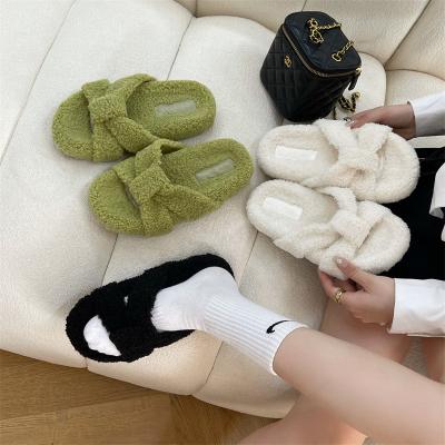 China 2022 fashion trend new lambswool slippers women's summer wear a word cross with the flat bottom sandals and lazy thick bottom slippers women for sale