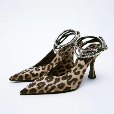 China New Leopard Print Hot Selling Copy Led Toe Rhinestone Stiletto Fashion Elegant High Heels for sale