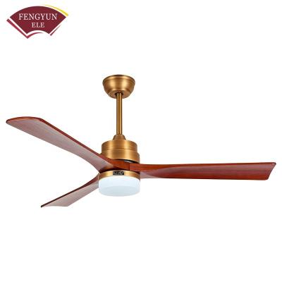 China 52 inch 3 Solid Wood Blade Antique Brass DC Motor Ceiling Fan Walnut Ceiling Fan with Light Remote Control Indoor Out door Use for sale