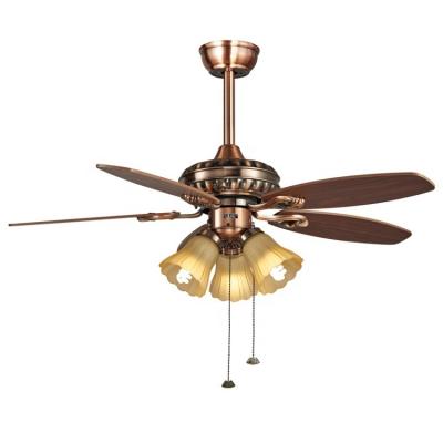 China 220V 110V Vintage Solid Wood Ceiling Fan Indoor Decorative Dimmable 5 Blades Remote Control With Light à venda