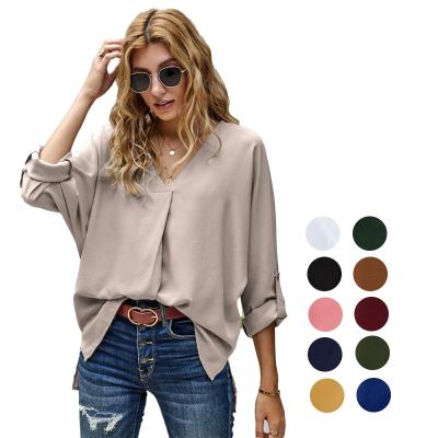 China Anti-pilling high quality custom made ladies sheath long simple shirts tops new design elegant v-neck women's blouses for sale