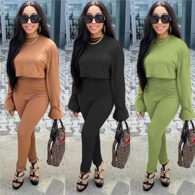 China 2021 Fall Women Clothing Long Sleeve Ribbed Lounge Set QUICK DRY Elegant Two Piece Set for sale