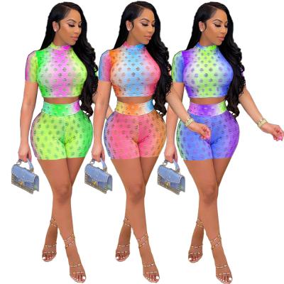 China 2021 Wholesale Anti-wrinkle Fashion Tie Dye Hollow Out Sport Casual 2 Piece Shorts Sets Two Piece Set Women for sale