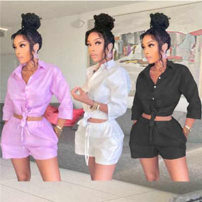 China Women Outfits Summer Solid Color QUICK DRY Long Sleeve Shirt And Short Pant 2 Piece Sets for sale