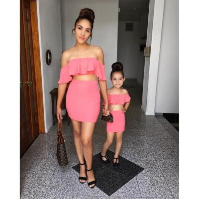 China Breathable Family Matching Mommy And Me Set Women Girls Kids Outfits Ruffle Tops Off The Shoulder T-shirts Set Mini Dress Skirt for sale