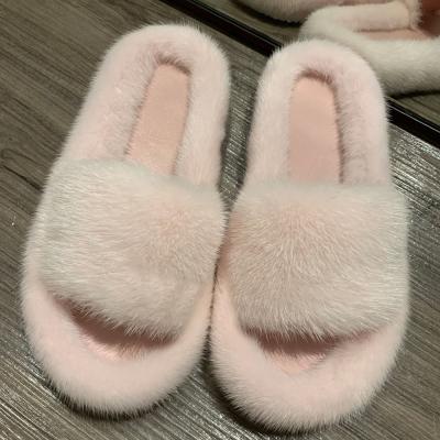 China Cute Women Fur Flip Flops Shoes Mink Real Mink Trend 100% Fashion Fur Slippers Woman Traveling Fur Sliders for sale