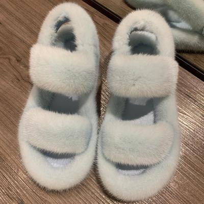 China Trend Mink Fur Sandals Ladies High Quality Fashion Fur Shoes Women's Flat Heel Fur Slippers for sale