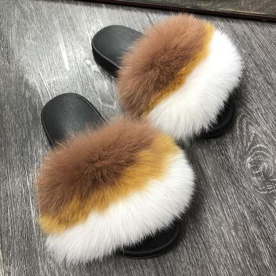 China Women Flat High Quality Slippers Real Fox Fur Slides Ladies Natural Raccoon Fur Slides Out for sale