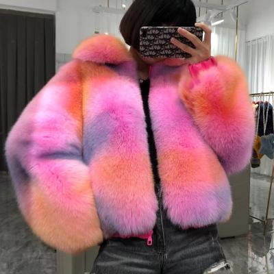 China Anti-wrinkle Real Fox Fur Coat Turn-Down Collar Rainbow Fur Jacket 2021 Winter Warm Fashion Ladies For Women for sale