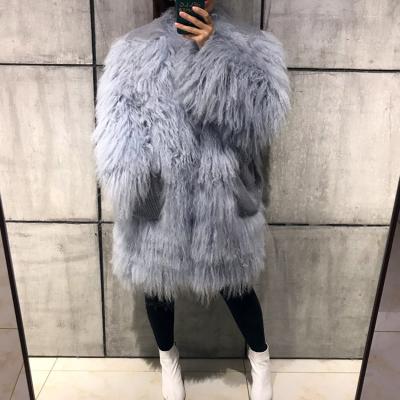 China High Quality Women Mongolia Sheep Fur Coat Ladies Anti-Shrink Long Knitted Natural Sheep Fur Coat For Outwear for sale