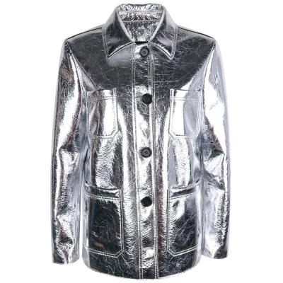 China 2021 New Design Women Genuine Leather Jacket Breathable Single Breasted Shiny Leather Jacket For Ladies for sale