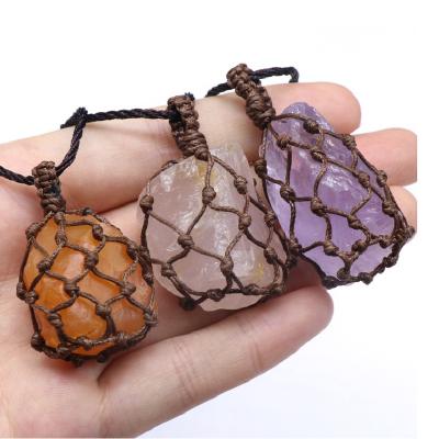 China WSY Gemstone Macrame Interchangeable Hemp Crystal Pendant Pouch Net Necklace Eco-Friendly Rope Canvas Necklace for sale