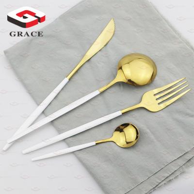 China Dishwasher Safe Safe Cutlery Stainless Steel White Gold Color Dinnerware Set Knife Fork Spoon Flatware Set for sale