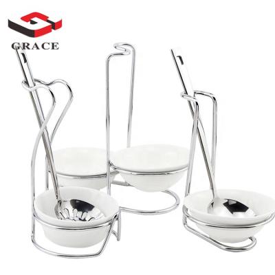 China New Designs 5 Star Luxury Stocked Restaurant Buffet Serving Set Stainless Steel Standing Soup Ladle With Ceramic Bowl for sale