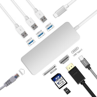 China Aluminum Alloy 8 Ports HUB With USB3.0+SD/TF Card Reader+HD MI+RJ45+PD USB HUB Type C T05 for sale