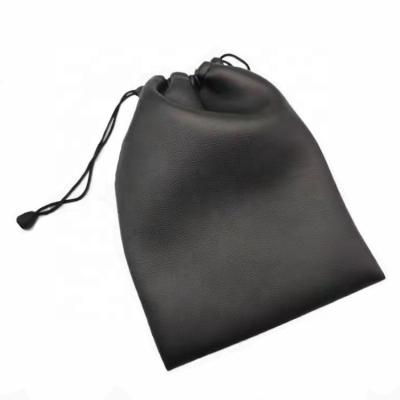 China Custom Size Folding And Logo Black Drawstring Pu Leather Pouch Bag Medium Size for sale