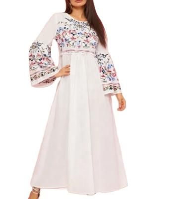 China Elegant Breathable Ruched Bell Sleeve Trim Ladies Flower Embroidered Casual Dresses Long Sleeve Spring Floral Mother Of The Bride Clothing for sale