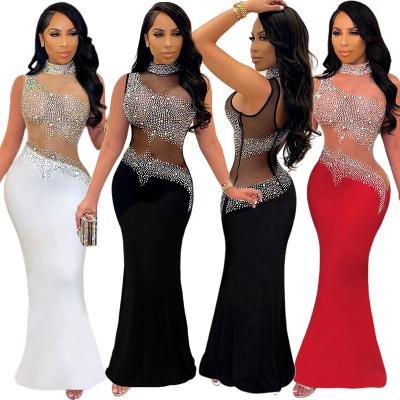 China S390246 Women's Anti-Static Nightclub Plus Size Sexy See Through Sleeveless Long Same Rhinestone Dress for sale