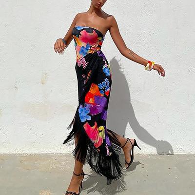 China Wholesale Anti-Static Bodycon Floral Sexy Slit Tassels Dress Women Prom Women Asymmetric Dress SUM4535A for sale