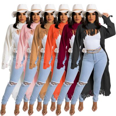 China New Arrival TS1188 Women Breathable Fashionable Solid Long Sleeve Tassels Elegant Asymmetrical High Low Sweater for sale