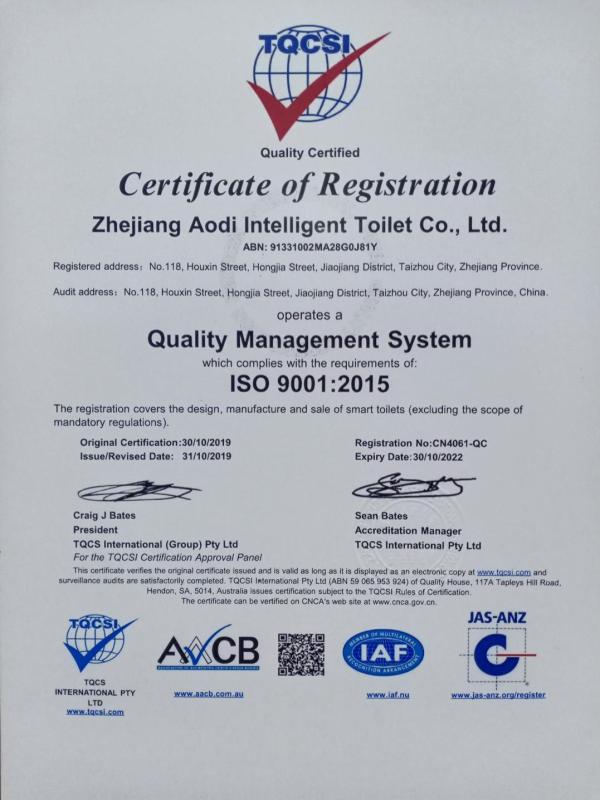 ISO9001 - Zhejiang Aodi Intelligent Sanitaryware Co., Ltd.