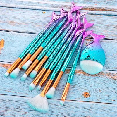 China Angular Blush 10 Pcs High Quality Synthetic Brush Kit Private Label Mermaid Makeup Hair Makeup Brush Foundation Cosmetics for sale