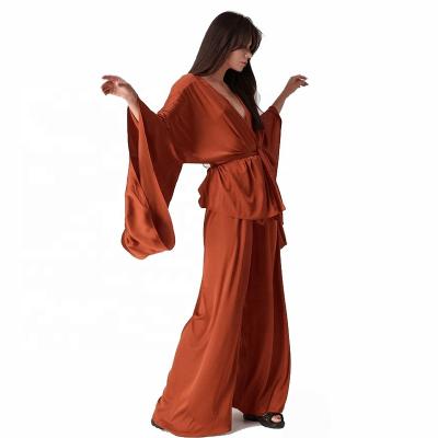 China Extra Wide Sleeves Women's Luxury Silky Satin Long Flare Robe And Pants Pajamas Sets for sale