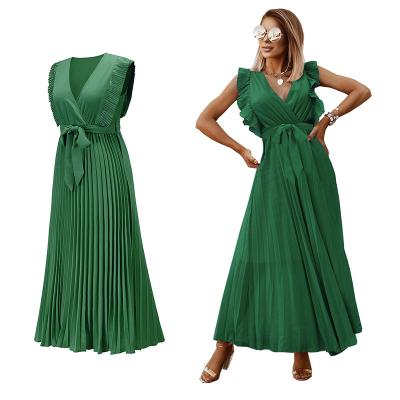 China Other High Quality Chiffon Dresses High Quality Gawn Girl Party V-Neck Pleat Casual Solid Dress for sale