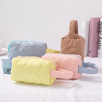 China Fashion Girls Cute Soft Fabric Toiletry Bag Zipper Portable Hanging Makeup Pouch Women Lace Up Cosmetic Bag With Handle for sale