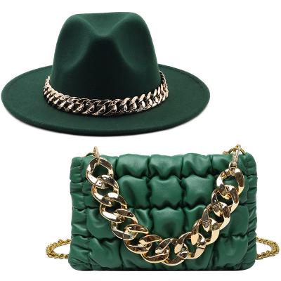 China 2022 Spring Jazz Hat Man Chain Felt Hat Wool Bag Hip Hop Big And Women Brim Hat Set Solid Color Fedora Hat Factory Wholesale for sale