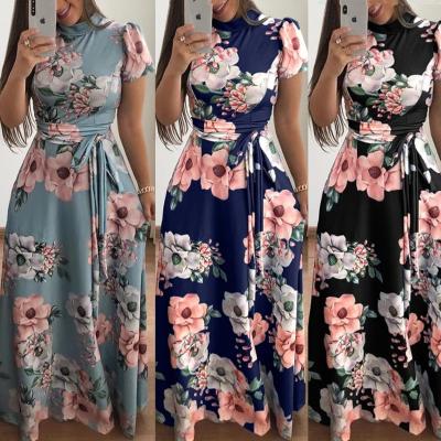 China High Neck Long Beach Casual Dress Breathable Elegant Floral Ladies Women's Flower Printed Plus Size Women's Dresses for sale