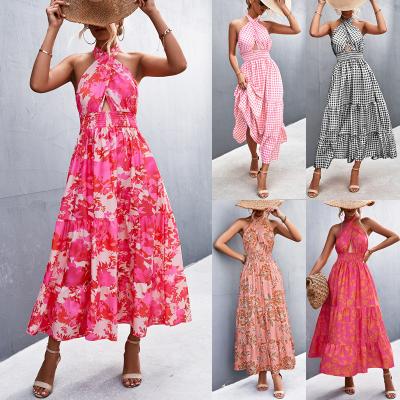 China Women's Breathable Sexy Backless Halter Dress Summer Elegant Maxi Dress Ladies Print Flowers Strap Beach Dress for sale