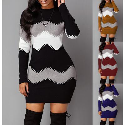 China Lady Sweater Dress Breathable Fashion S To 5XL Long Sleeves Striped Dresses Women Lady Sexy Elegant Slim Fit Casual Knit Dress for sale